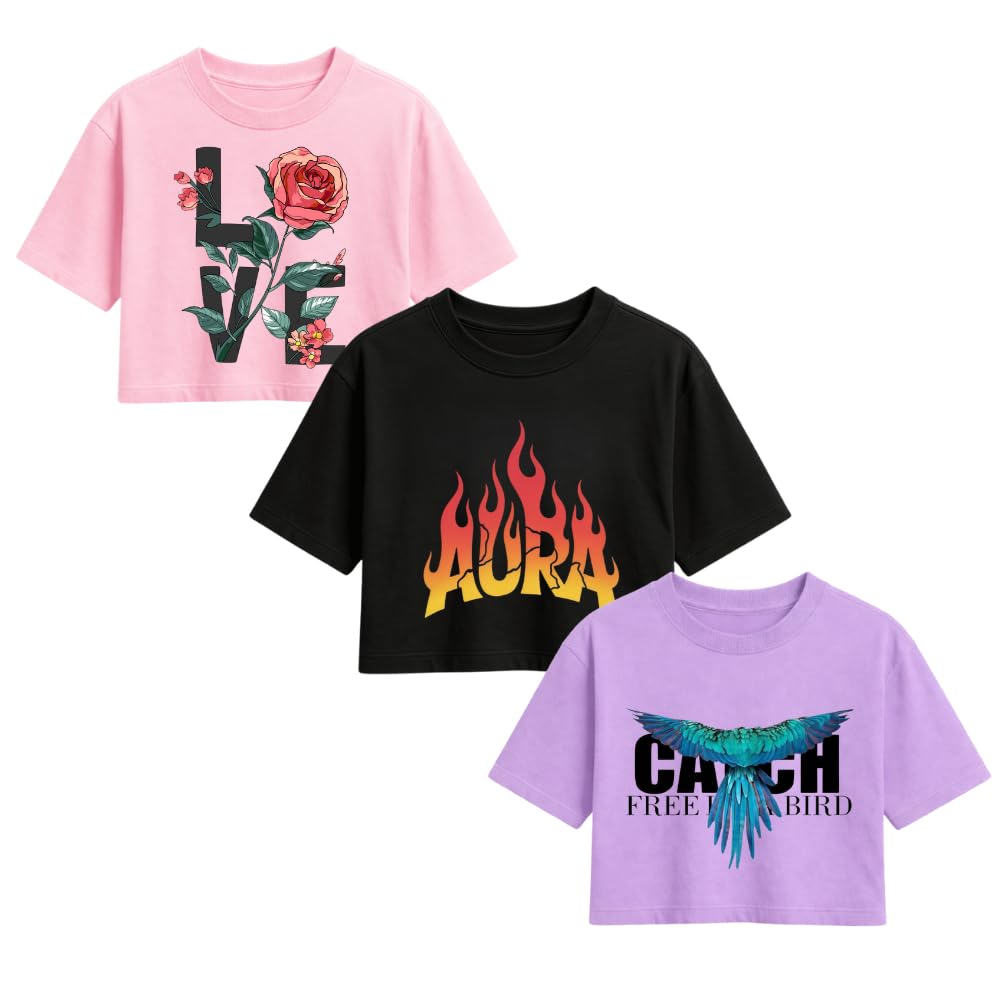 crt enterprises Women Printed Crop Top Pack of 3 | Trendy Graphic & Floral Designs | Soft Cotton Casual Crop T-Shirts for Girls & Women-picture-56