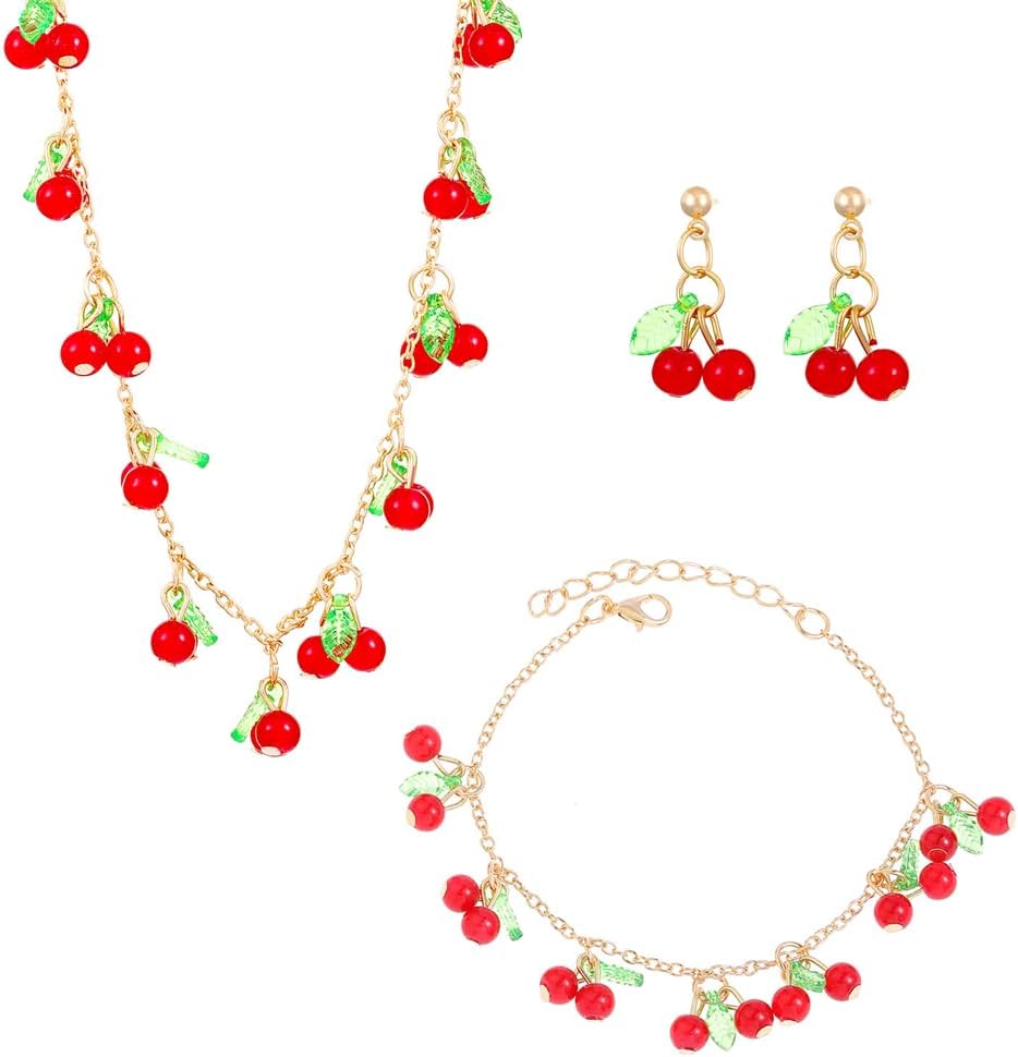 Pingyongchang Sweet Cherry Strawberry Necklace Earrings Set Lovely Acrylic Fruit Dangle Earrings Creative Statement Jewelry Gifts for Women Girls