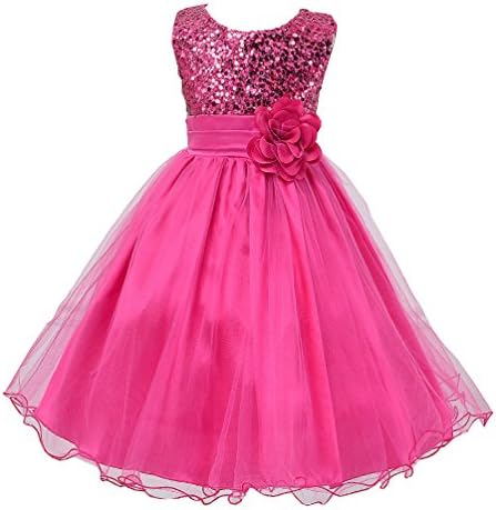 Wocau Little Girls' Sequin Mesh Tull Dress Sleeveless Flower Party Ball Gown (130(5-6 Years), Rose)