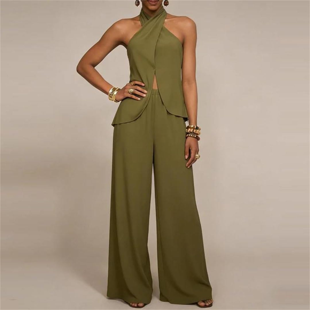 Women High Street Sleeveless Hanging Neck Backless Hollow Loose Two Piece Suit Sets