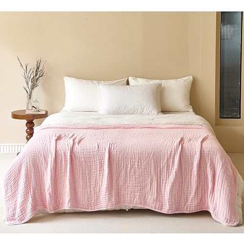 Image of 100% Cotton Muslin Blanket Queen 6-Layer Gauze Pink Bed Blanket Lightweight Soft and Breathable Blanket for Sofa Couch Coverlet Farmhouse Decor Both Sides