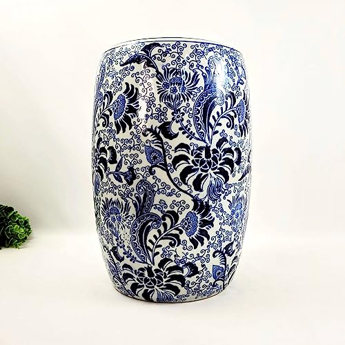Banqueta Seat Garden Azul e Branco Floral 40x28cm Tamborete