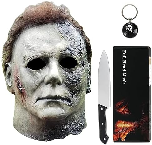Noufun Michael Myers Maske für Erwachsene - Halloween Kills 2021, Vollkopfmaske Halloween Horror Gesicht Kopfbedeckung Latex Gummi mit Haaren, Inklusive Messer und Schlüsselanhänge