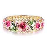 EleQueen Women's Gold-tone Austrian Crystal Enamel Flower Leaf Bangle Bracelet Pink w/ Green