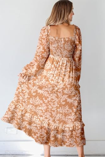 Dokotoo Boho Dresses for Women 2025 Casual Floral Square Neck Long Sleeve Smocked Elastic Waist Tiered Ruffle Hem Maxi Dress2