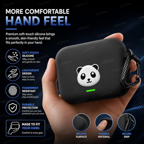 Image of Anvique Silicone Case Cover for Realme Buds T500 Pro, Shockproof Protective Earbuds Cover with Keychain Hook, Anti-Scratch Soft Silicone Skin, Full Body Protection Case (Panda)