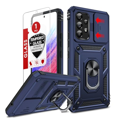 LeYi for Samsung A53-Phone Case: Galaxy A53 5G Case with Slide Camera Cover + Tempered Glass Screen Protector, Heavy Duty Shockproof Rugged Ring Stand Cover for Android Unlocked Samsung A 53, Blue