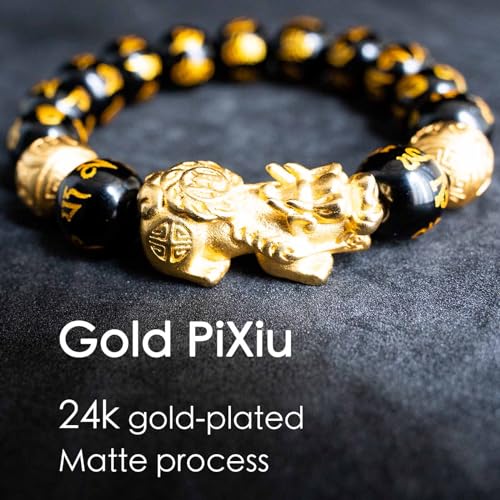 Feng Shui Bracelet 24K Gold Plated PiXiu, Colored Eyes Obsidian Dragon Protection Bracelet Meditation Decompression Prayer Beads Lucky Wealth Bracelets for Men Women(12mm)3