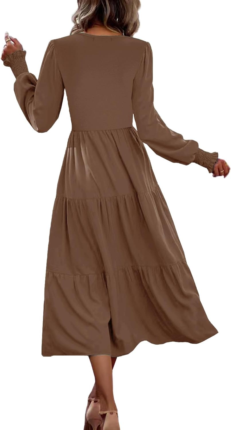 Womens Flutter Long Sleeve Smocked Tiered Nursing Dress for Breastfeeding with Pockets - Image 2