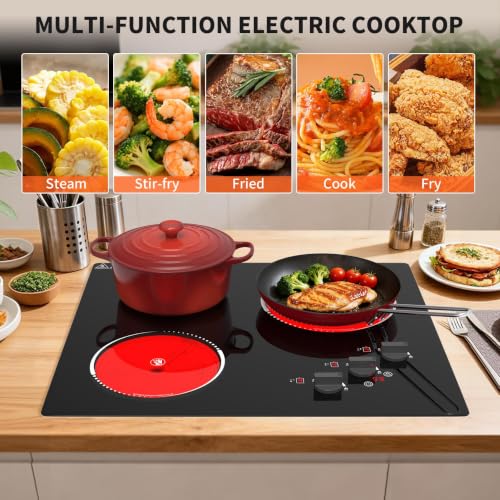 Image of VBGK Electric Cooktop,24 inch 220V Electric StoveTop,Touch and Knob Control,LED,9 Power Levels, KidsLock & Timer Overheat Protection,500w3 burmercooktop.