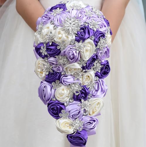 Mhojpik Luxuriöser Cascade-Brautstrauß, Satin-Rosen-Wasserfall-Strauß, künstlicher Blumenstrauß für Braut, Brautjungfer, Hellviolett, Violett und Elfenbein, 38,1 x 19,1 cm Mhojpik Luxuriöser Cascade-Brautstrauß, Satin-Rosen-Wasserfall-Strauß, künstlicher Blumenstrauß für Braut, Brautjungfer, Hellviolett, Violett und Elfenbein, 38,1 x 19,1 cm
