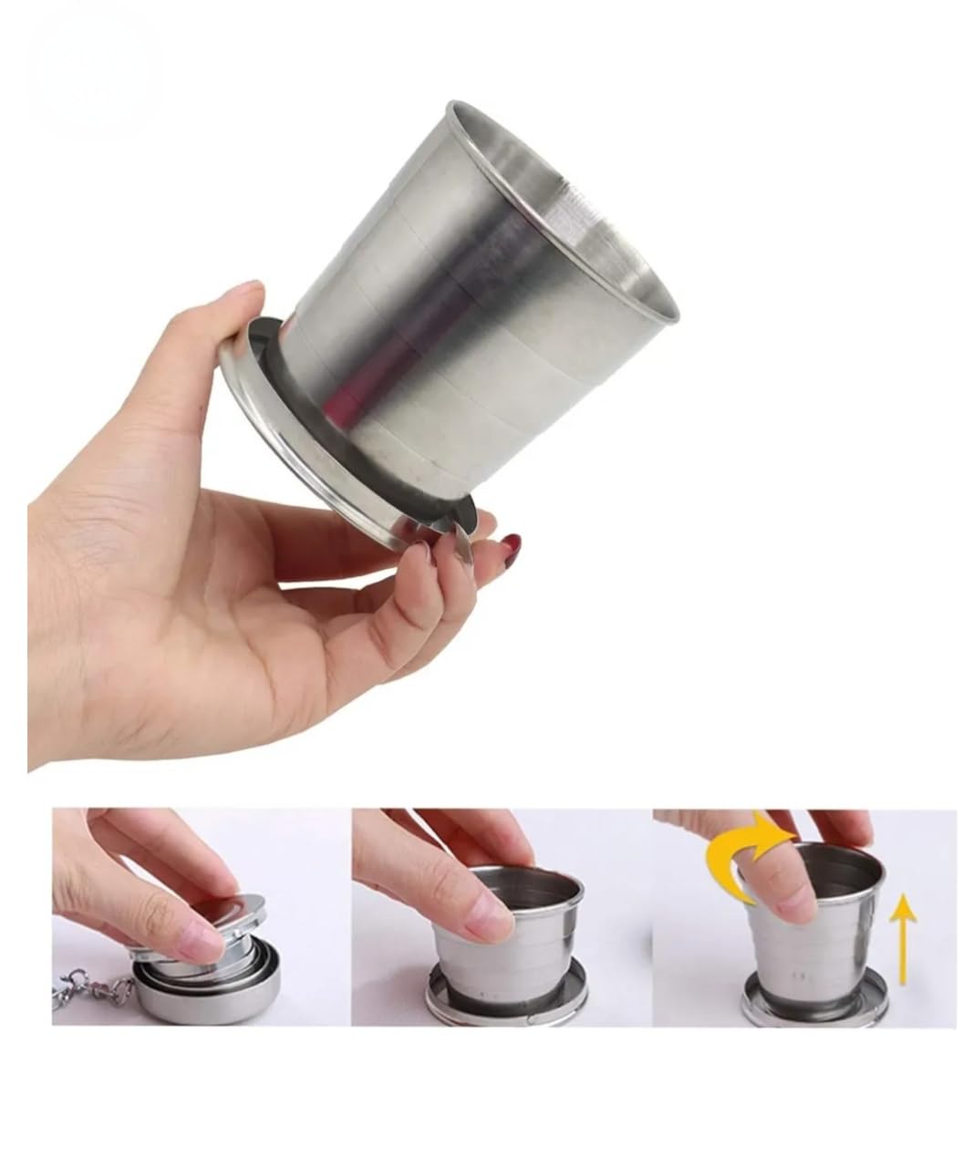 Vaayu-E-Store Stainless Steel Foldable Travel Cup Set 120ml with Chain | Portable Collapsible Drinking Glass | Compact Pocket Cup for Camping, Trekking, Travel & Outdoor Use 1