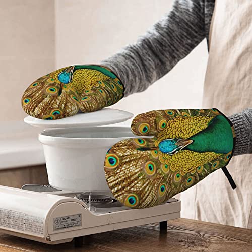 Heat Resistant Silicone Shell Oven Mitts With Waterproof, Set Of 2 Peacock Print Oven Gloves #TOP5