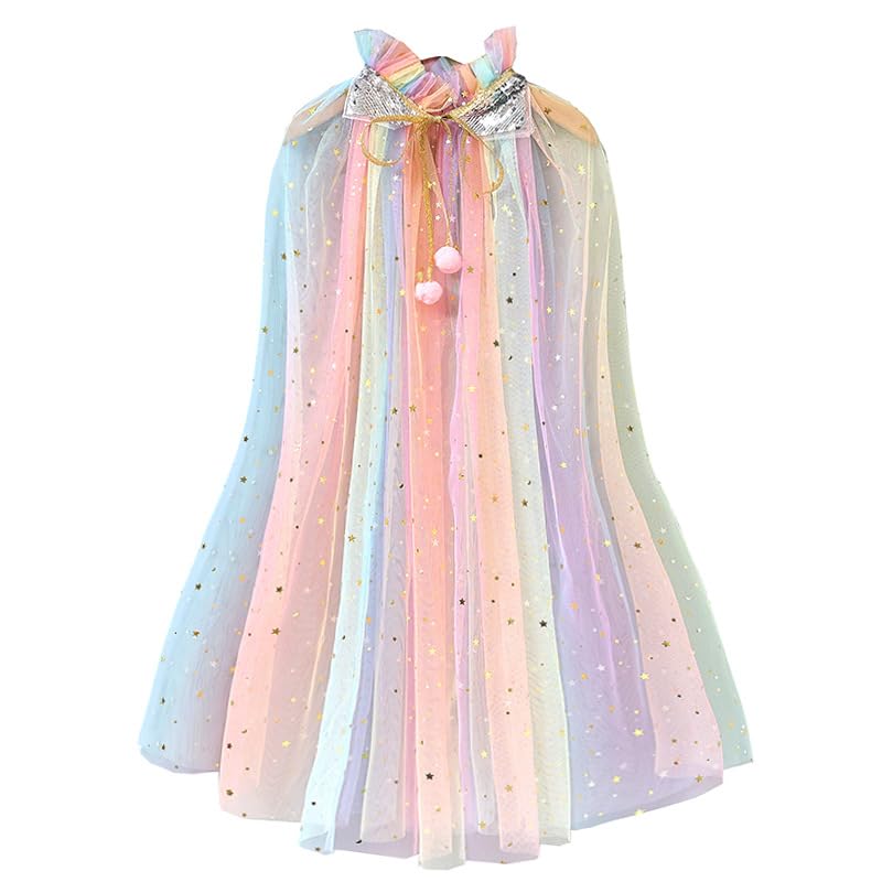 Image of Princess Cape for Girls - Colorful Sequin Cloak with Crown and Wand for Birthday, Halloween, Fancy Dress & Carnival