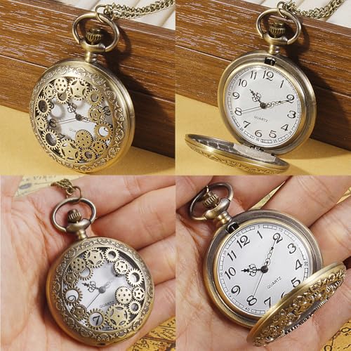 Image of VIGOROSO Mens Vintage Pocket Watch for Men Antique Quartz Pocket Watches with Chain Steampunk Flip Cover Arabic Numerals Birthday Christmas Halloween for Dad Grandpa Grandma Gift for him her