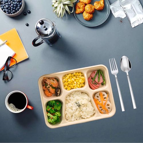 Hyuetrsa 50 Pcs 11x8.2x1.6 Inch Compartment Plates Disposable Paper Plates Tray 6 Compartment Plates Divided Paper Plates Eco-Friendly Sectional Plate Paper Tray for School Lunch Trays