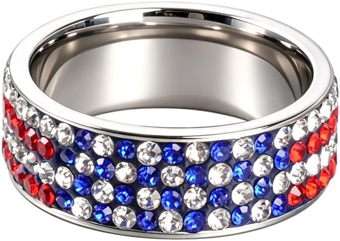 Patriotic American Flag Ring for Women Men – Rhinestone Crystal USA Flag Stainless Steel Band