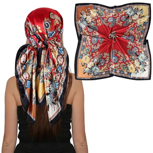 EXTREE Women's 35 inch Fashion Headscarf Silk Satin Scarf for Hair Wrapping at Night Bandana Square Scarf for Sleeping Red