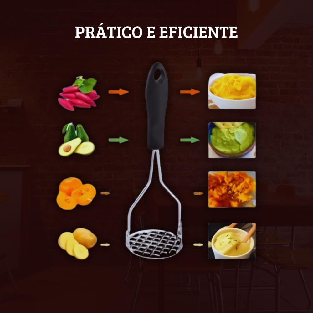 Amassador de Batatas Manual em Aço Inox 24x8cm – Espremedor Metálico Ergonômico, Multiuso, Prático e Fácil de Limpar