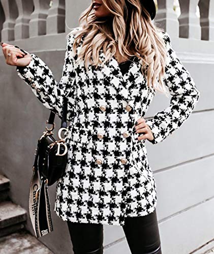 xxxiticat Women's Houndstooth Tweed Blazer Notched Lapel Double Breasted Padded Lined Spring Casual Business Plaid Coat4