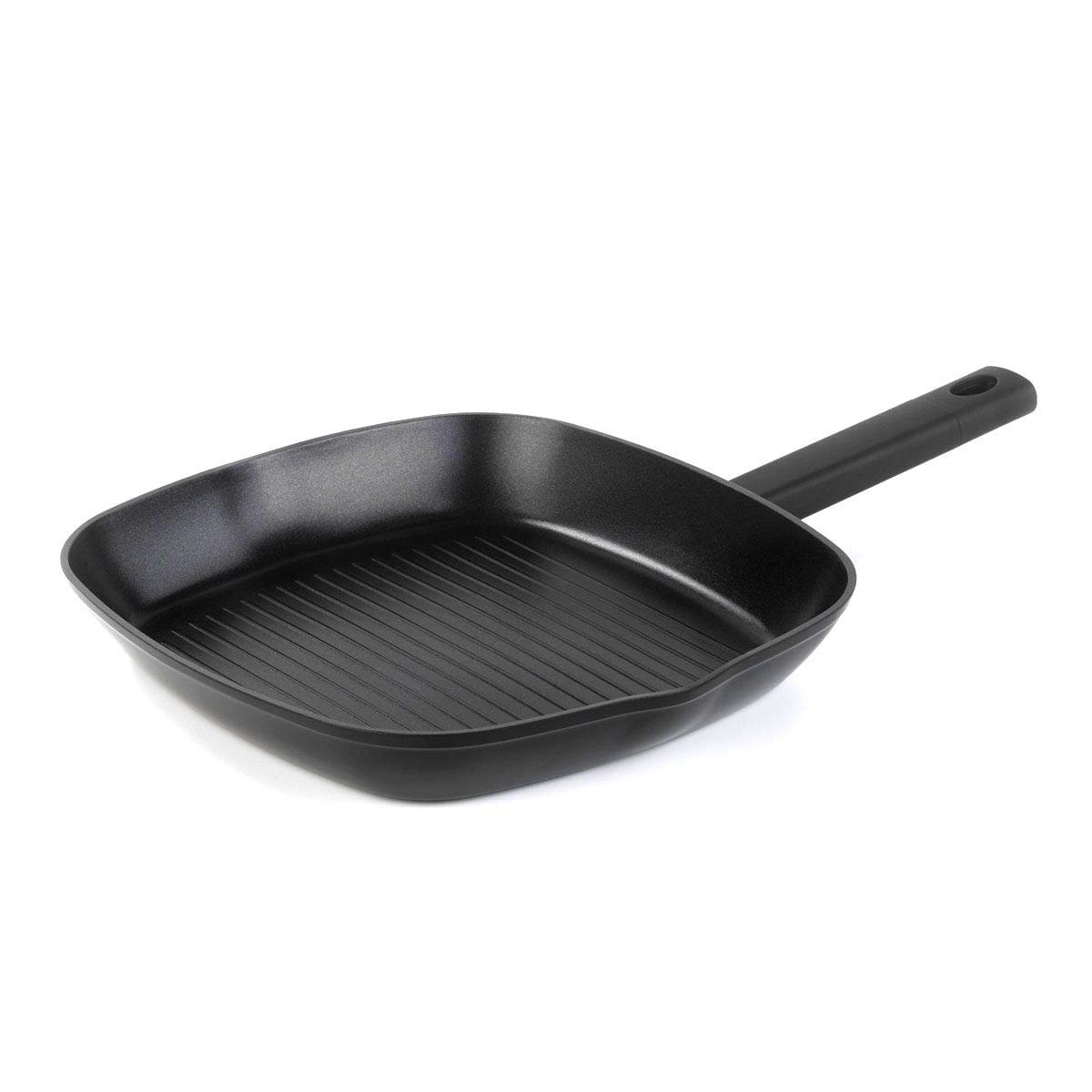 Black Code by Q.b. by MOPITA, Non-Stick Grill Pan ø 28 cm with Handle, Induction Frying Pan and for All Hobs, Forged Aluminium, Non-Slip Handle, Matt Black