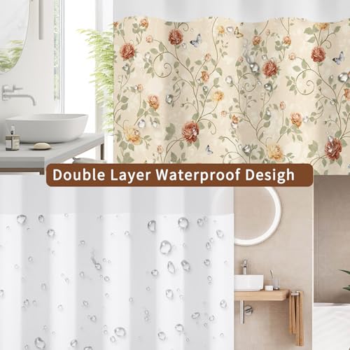 No Hook Shower Curtain with Snap in Liner Set, Boho Vintage Floral Dusty Rose Cottage Core Girly Coquette Waterproof Fabric Shower Curtain for College Dorm Hotel Apartment Bathroom Bathtub, 71x74 Inch by NAEMBCU - Used condition - Image 3