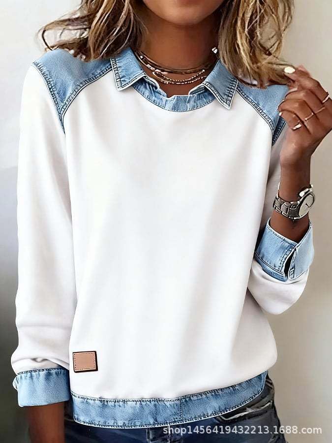 OSCORP Womens Denim Collar Long Sleeve Pullover Top – Pure White Casual Knit Shirt Clean Minimal Everyday Look - Image 2