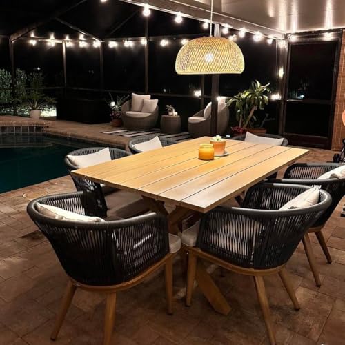 Image of PURPLE LEAF 7 Pieces Patio Dining Set Wicker Outdoor Furniture Rectangular Table and Chairs Set for Garden Deck Teak-Finish Aluminum Frame Backyard Kitchen Set, Cushions and Pillows Included