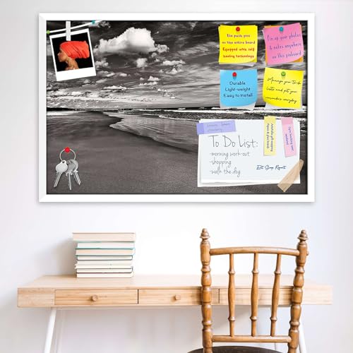 Image of ArtzFolio Sea, Air, & Land Monochrome Contrast | Bulletin Board Notice Pin Board | Vision Soft Board Combo with Thumb Push Pins & Sticky Notes | White Frame | 23.5 x 16 inch (60 x 41 cms)