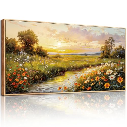 crmotu Large Landscape Wall Art, Flower Pictures Wall Decor, Framed Wall Art, Wetland Sunset Scenery Canvas Prints, Riverside Wildflowers Wall Paintings for Living Room Farmhouse Kitchen 20x40inch