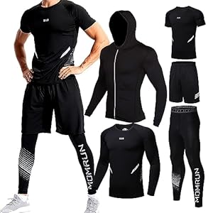 BOOMCOOL 5Pcs Gym Clothes Men Tracksuit Sets Running Wear Compression Shirts Sleeve Tops Jackets Long Suits Leggings Shorts Sports Activewear for Athletic