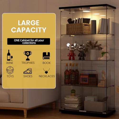 Glass Display Cabinet with LED Lights — 4-Shelf Lockable Tempered Glass Showcase, 65 x 32 x 14.3 Inches — Adjustable Multi-Color Lighting for Modern Home & Commercial Use, Black