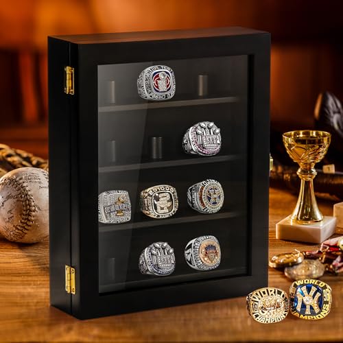 Image of TJ.MOREE 12 Rings Championship Ring Display Case 8x10 Wall Mount Wooden | Shadow Box with Locks to Show Sport, Class, Fraternity, and Award Rings, Black