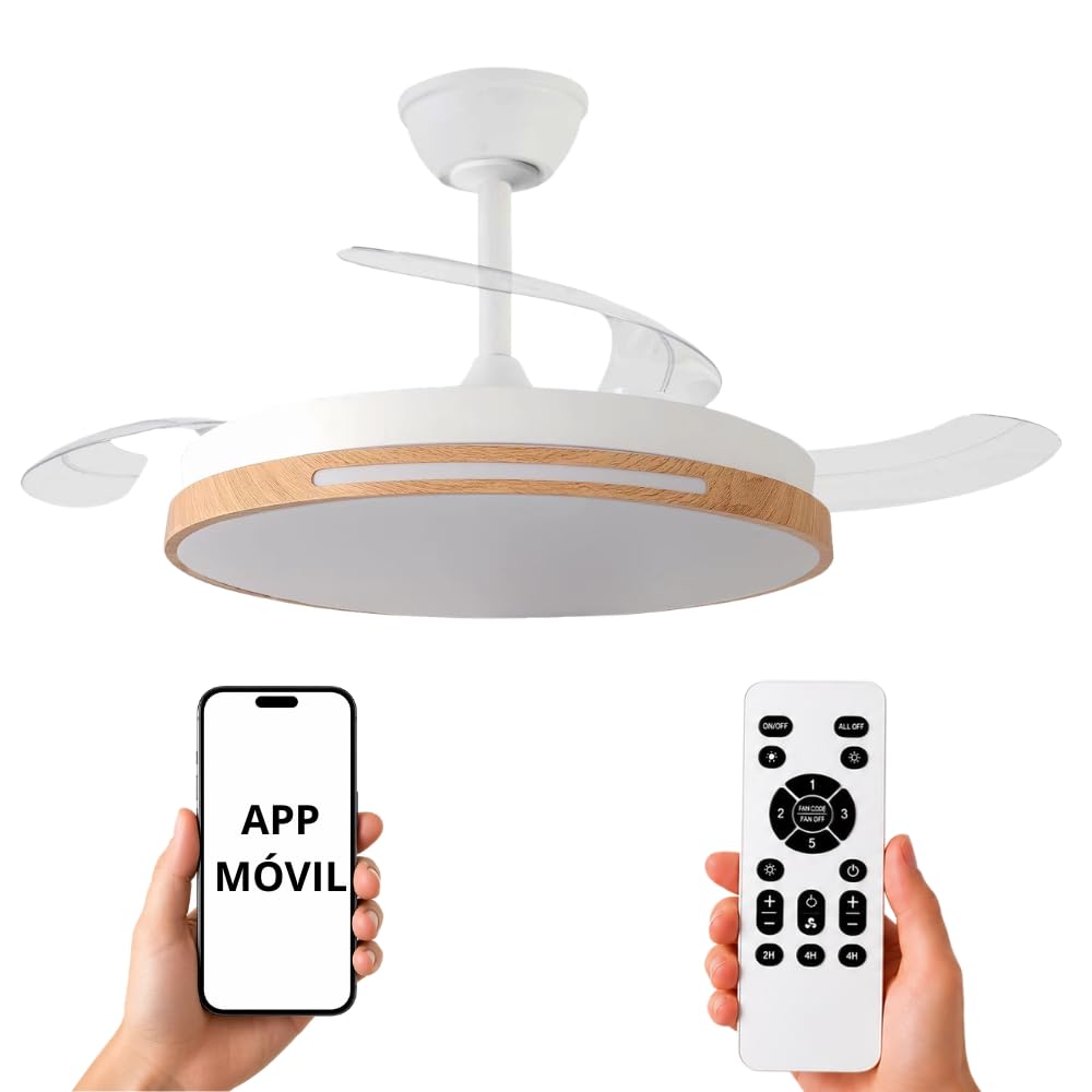 NARVI Ceiling Fan White and Beech Wood Ø107 cm with Dimmable LED Light, Low Consumption Silent DC Motor, Fan Lamp with Remote, 3 Retractable Blades, AUSTRALIA 8936 WDN