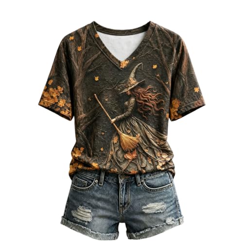 GAHIEDIM Witch Shirts,Witch Shirts For Women Pumpkin Print V Neck Tops Casual Fall Sweatshirt For Themed Party Coffee 01 Large - image 6