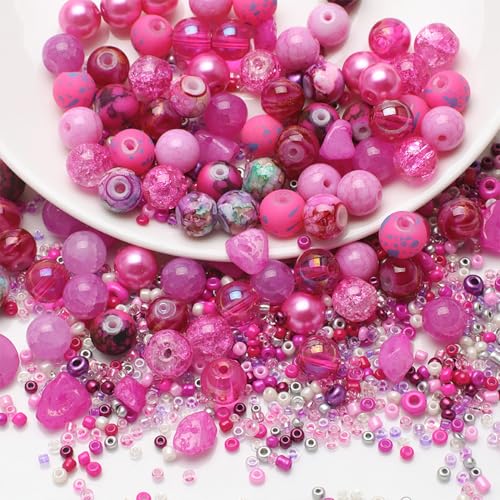 UHOMENY 8mm Round Glass Crystal Beads, Mixed Assorted Colors, Rose, 100pcs Large, 400-500pcs Small, Perfect for Bracelet, Necklace Making