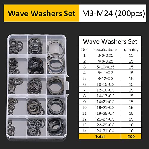 CONPHERON Wave Washer Set, 200pcs Carbon Steel Crinkle Washers Wave Spring Washers Assortment Kit M3-M24 14 Sizes - Image 3