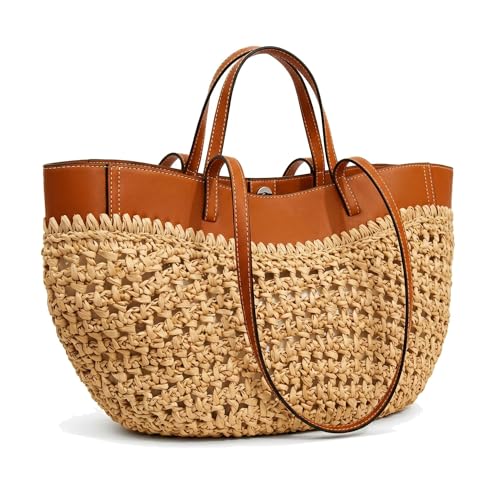 Bolso de playa de paja para mujer, bolso tote bohemio de verano con correa de PU miniatura 1
