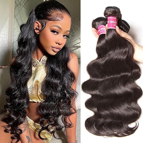 Sunber Body Wave Human Hair Bundles, 12A Grade Brazilian Virgin Hair 18”20”22”Hair Extensions 3 Bundles 100% Unprocessed Weave Bundles Natural Black Color Double Weft Body Wave Bundles