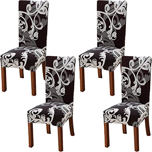 Xundefeng Funda para Silla De Comedor Fundas para Sillas Pack 4 Piezas Respaldo Alto Flor Marrón Oscuro Cantilever Elásticas Ajustable Estampadas Modernas Jacquard Cubierta Cocina
