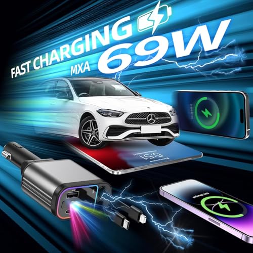 Image of 120W Fast Car Charger with 80CM Retractable Type-C & 30-pin Port Cables Charging for 4 Devices - Universal Car Mobile Charger for All Smartphones & Tablets (car Charger Adapter Fast Charging)