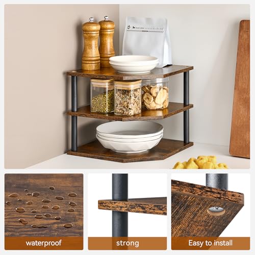 Huukhuom Wooden 3 Tier Corner Shelf, Countertop Storage Organizer for Kitchen Cabinets and Desk, Plates, Dishes, Bread and Small Space Decor, Adjustable - image 7