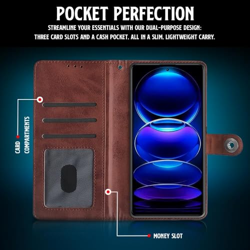 Image of WOW IMAGINE Shock Proof Flip Cover Back Case for Redmi Note 12 Pro 5G (Magnetic Button Flip Case | Wallet Pockets & Stand | Leather Finish | Coffee)