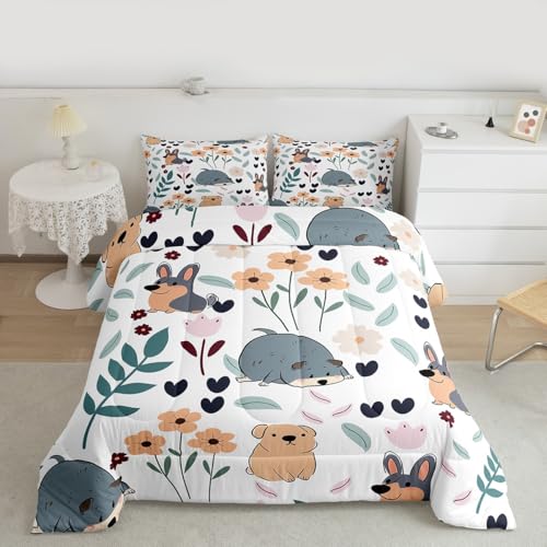 Image of Feelyou Cartoon Dog Comforter Set Toddler Size, Puppy Dog Bedding Set for Kids Boys Girls Dogs and Flowers Bedding Set Botanical Plant Duvet Set Durable Quilt Set