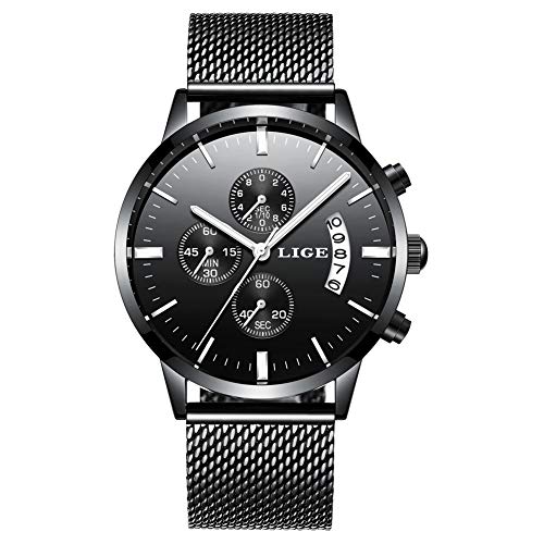 LIGE - Reloj de pulsera analógico de cuarzo para hombre (acero inoxidable, resistente al agua, acero inoxidable)