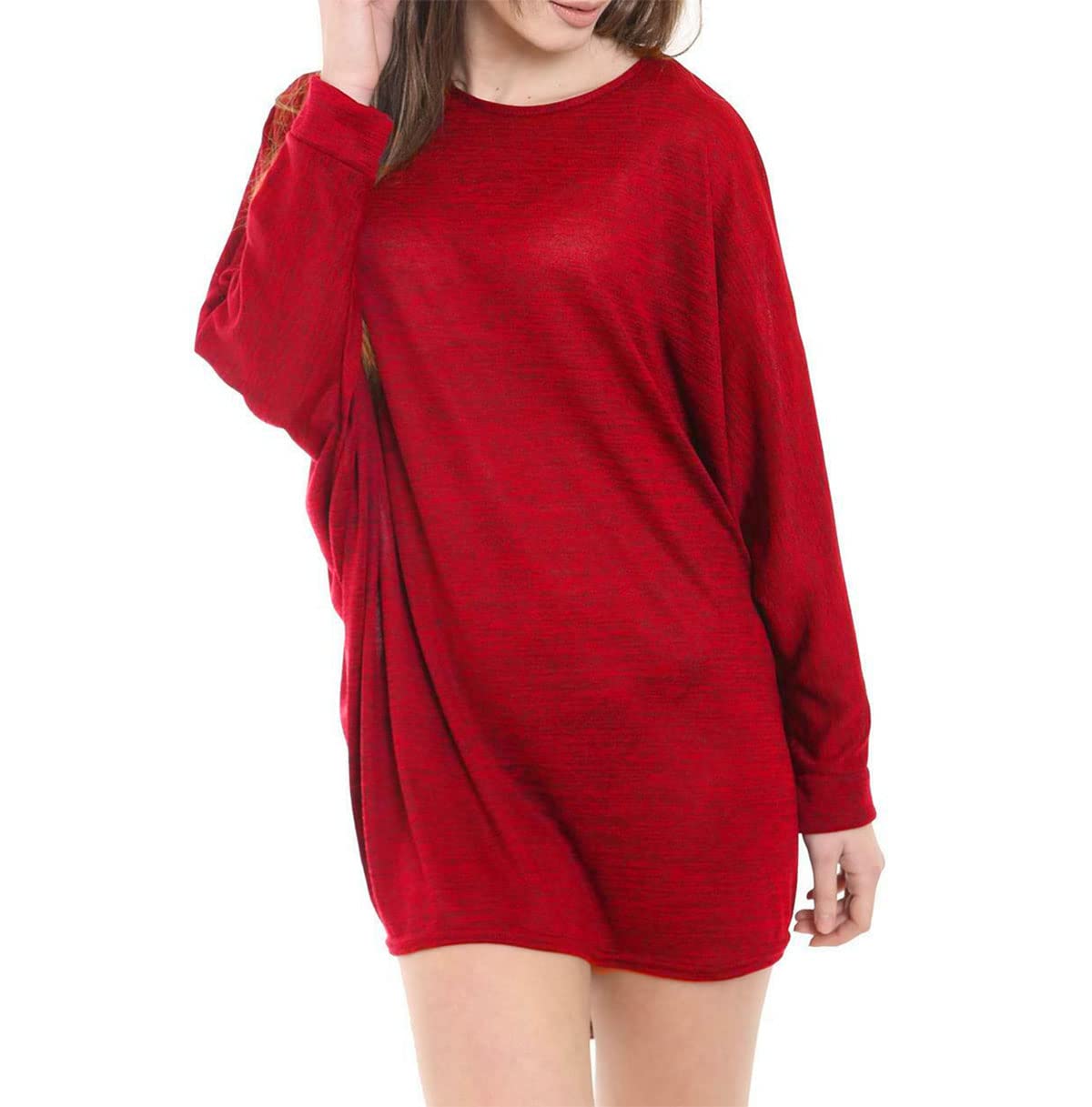 FAIRY TRENDZ Womens Oversized Long Sleeve Baggy Batwing Top Ladies Plain Dip Hem Tunic Top Red