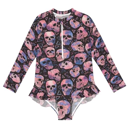 ALAZA Cool Sugar Skull Black Girls One Piece Swimsuit Long Sleeve Rash Guard Swimsuits UV 50+ Swimwear Zipper