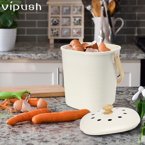 Image of Vipush Compost Bin Kitchen Countertop Compost Bin with lid - Small Compost Bin Made of Sustainable Bamboo Fiber Includes Charcoal Filter, Beige