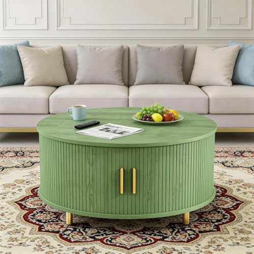 Image of DHH Round Coffee Table, 31.5 inch Mid Century Modern Coffee Table with 360 Sliding Tambour Door, Fluted Accent Table with Storage Adjustable Footpads for Living Room (Green)