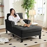 Mjkone 59' Chaise Lounge Indoor, Linen Chaise Lounge Chair with Tufted Back and Rivets Armrests, Modern Upholstered Leisure Sofa Recliner Sleeper Chair for Living Room Bedroom Apartment, Dark Gray
